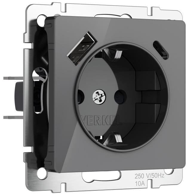 Розетка Werkel W1171744/ Розетка с заземлением, шторками и USB тип A+C (графит акрил)