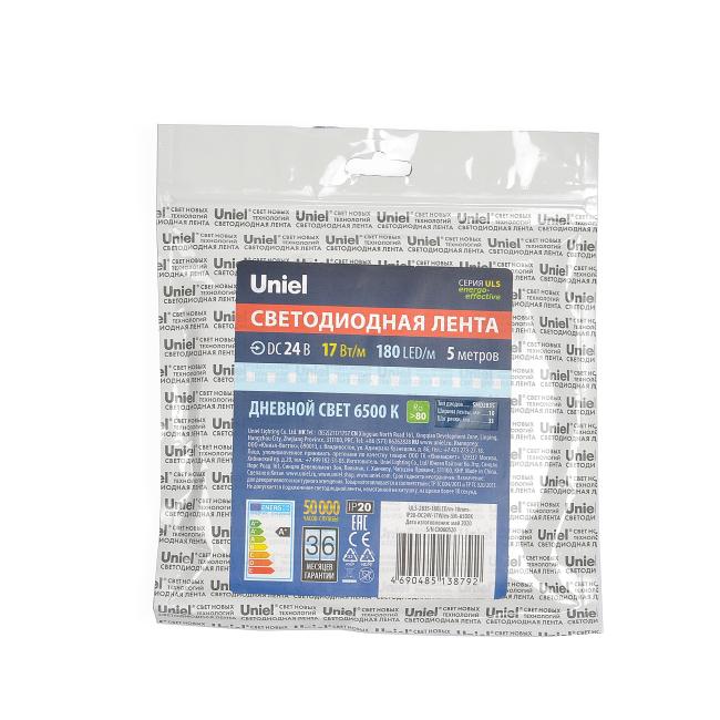 LED лента Uniel ULS-2835-180LED/m-10mm-IP20-DC24V-17W/m-5M-6500K катушка в герметичной упаковке
