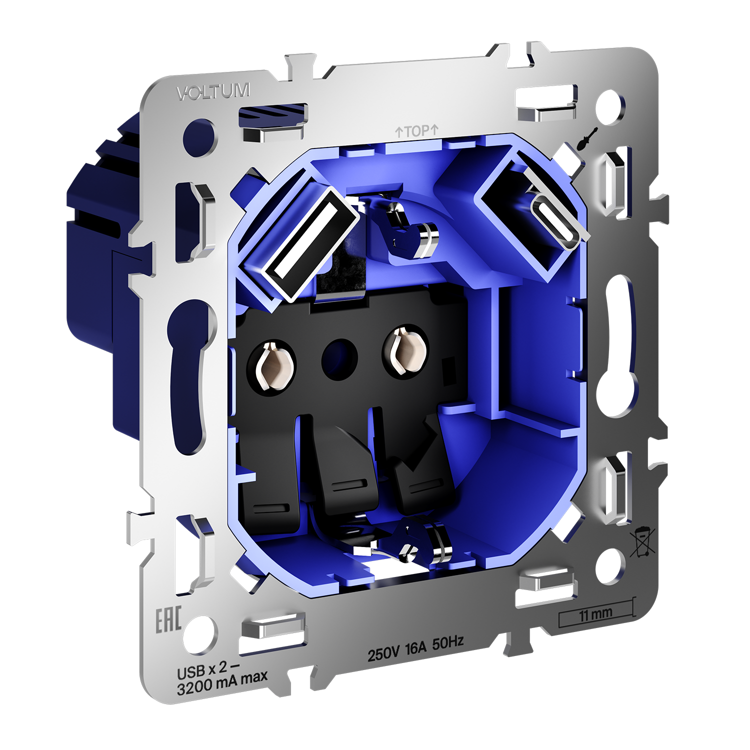 VLS0405M Механизм розетки с заземлением и защитными шторками 16А, с USB A+C, S70