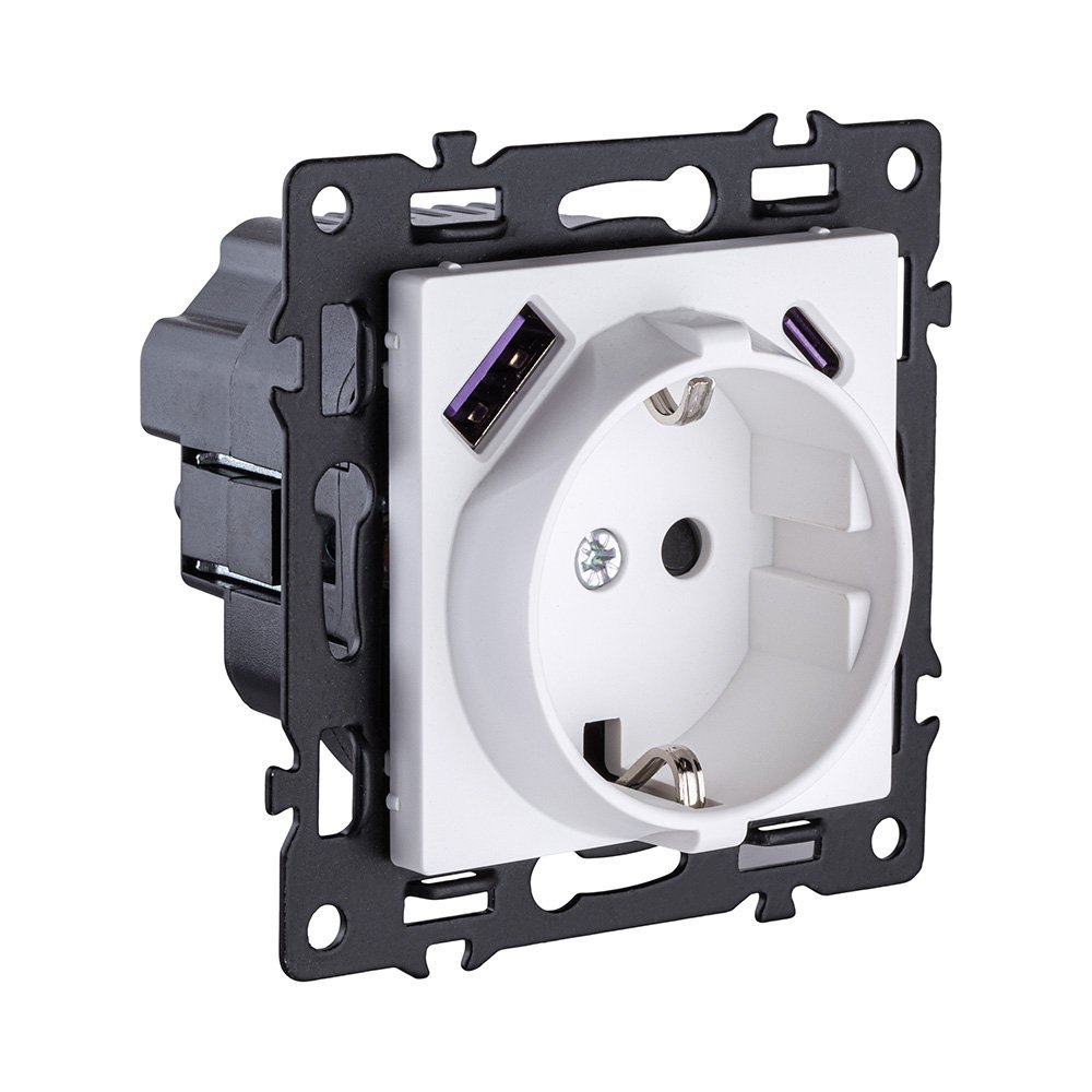 AS-016WH Розетка штепсельная SCHUKO 16A/250 В с USB A+C 20W, белый Kollinger Asthetik AS-016WH