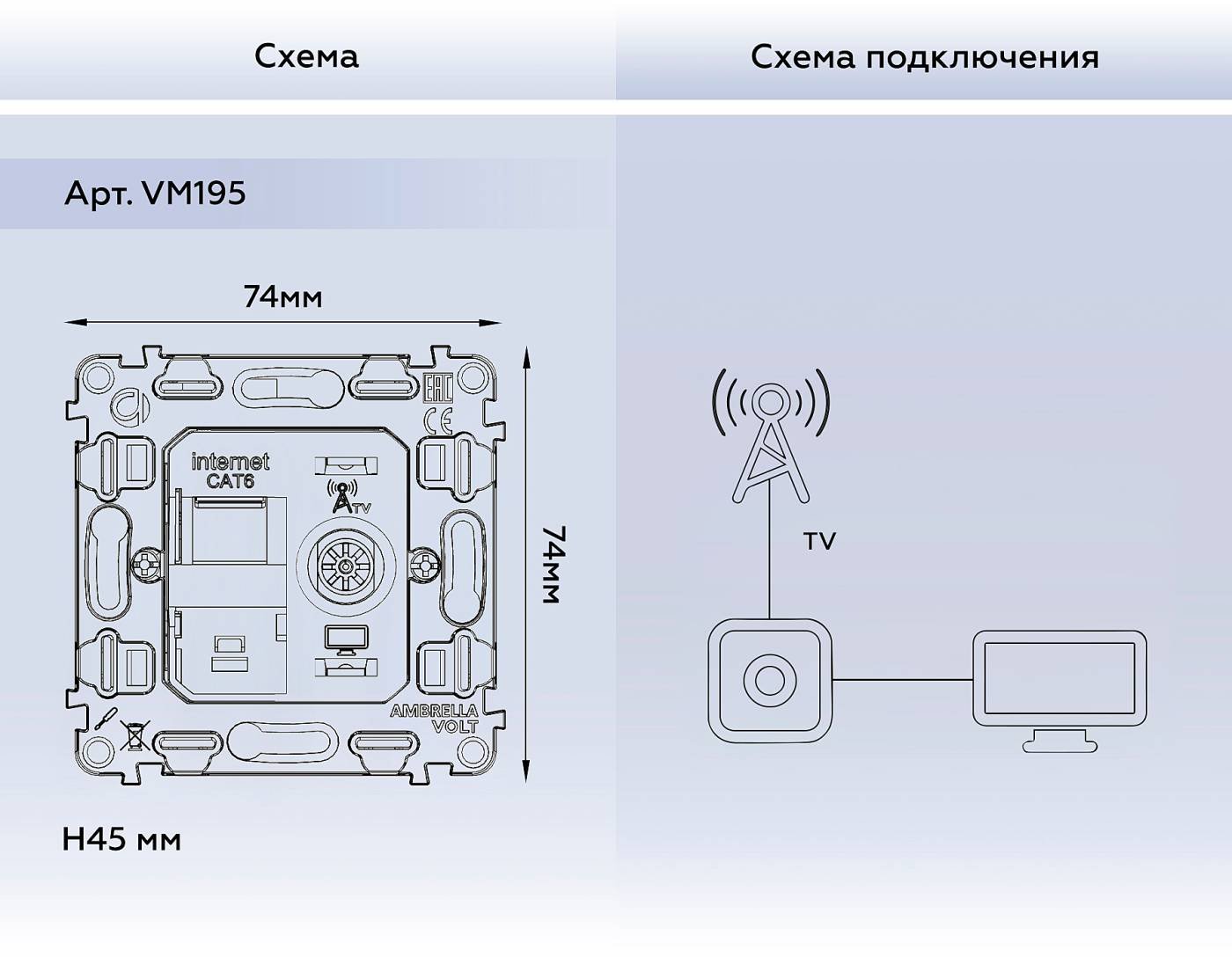 VM195 Механизм розетки компьютерной + TV оконечной RJ-45 Ambrella Volt QUANT VM195