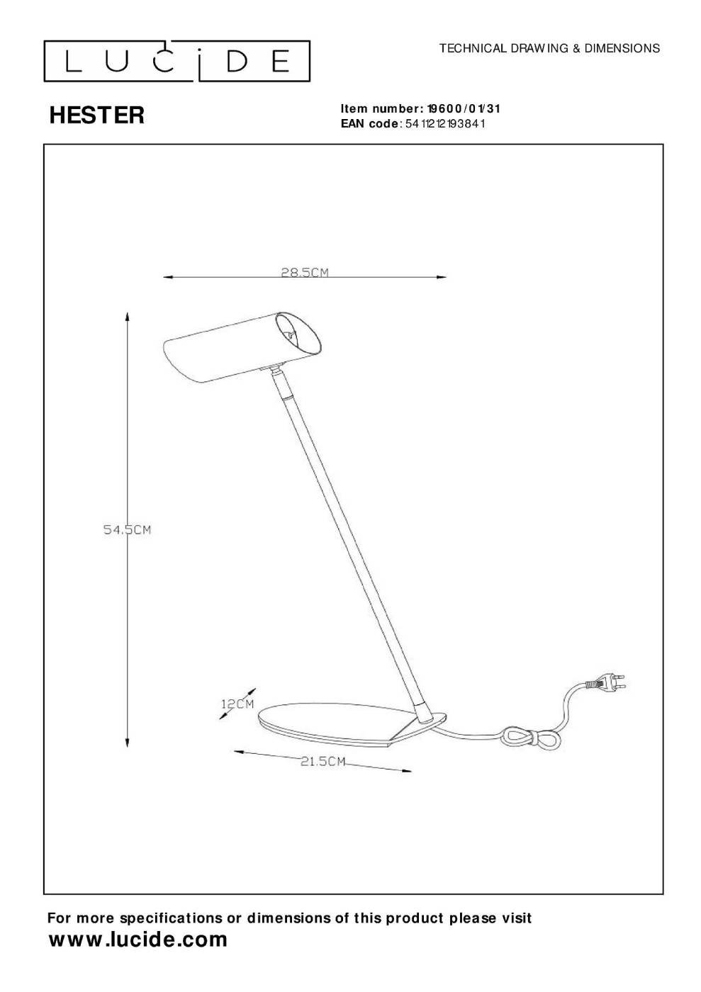 Настольная лампа Lucide Hester 19600/01/31
