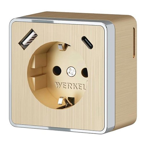 W5071710/ Розетка c заземлением, шторками и USB тип A+C Gallant (шампань рифленый) Розетка Werkel W5071710/ Розетка с заземлением, шторками и USB тип A+C Gallant (шампань рифленый)