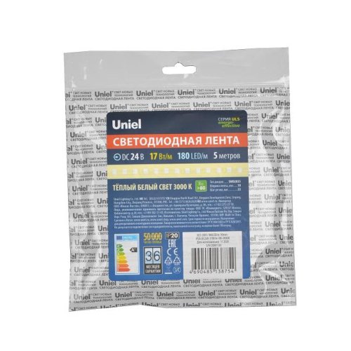 LED лента Uniel ULS-2835-180LED/m-10mm-IP20-DC24V-17W/m-5M-3000K катушка в герметичной упаковке