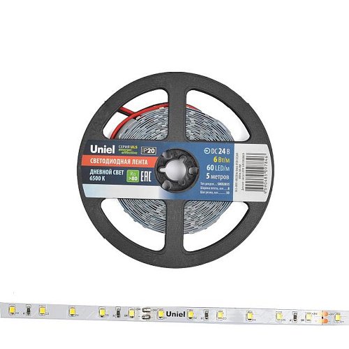 ULS-2835-60LED/m-8mm-IP20-DC24V-6W/m-5M-DW катушка в герметичной упаковке LED лента Uniel ULS-2835-60LED/m-8mm-IP20-DC24V-6W/m-5M-DW катушка в герметичной упаковке