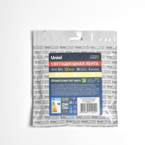 LED лента Uniel ULS-M22-5050-30LED/m-10mm-IP20-DC12V-7,2W/m-5M-3000K PROFI катушка в герметичной упаковке