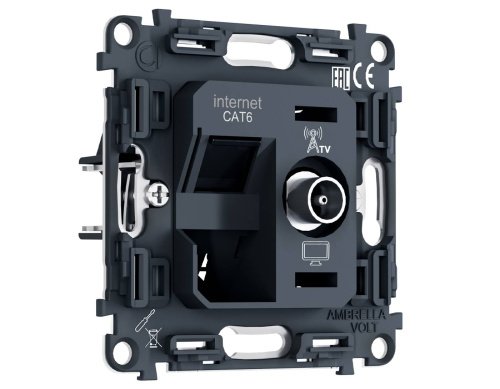PR195 Механизм розетки компьютерной + TV оконечной RJ-45 (8P8C) CAT6/50-870MHz 1dB с автоматической защитной шторкой QUANT PRO