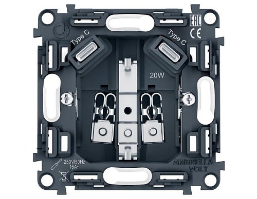 PR165 Механизм электрической розетки 2USB С+C 20W (быстрая зарядка) с/з на винтовых зажимах 16A-250V QUANT PRO