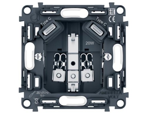 PR165 PR165 Механизм электрической розетки 2USB С+C 20W (быстрая зарядка) с/з на винтовых зажимах 16A-250V QUANT PRO