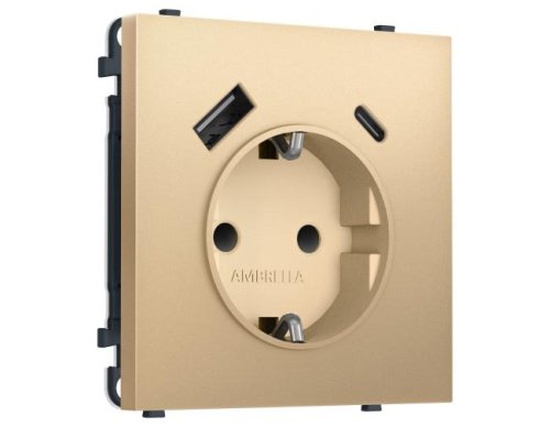 MS890010 Комплект механизма электрической розетки SIGMA Золото Мягкое касание 2USB A+C 20W (быст. зар.) с/з с/ш 16A-250V QUANT PRO (SP8900, PR160)