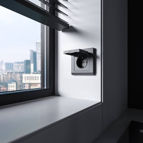 Розетка Werkel Встраиваемые механизмы графит матовый W1171264/ Розетка влагозащ. с зазем. с защит. крышкой и шторками N (графит матовый)