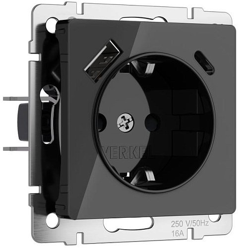 W1171748/ Розетка c заземлением, шторками и USB тип A+C (черный акрил) Розетка Werkel W1171748/ Розетка с заземлением, шторками и USB тип A+C (черный акрил)