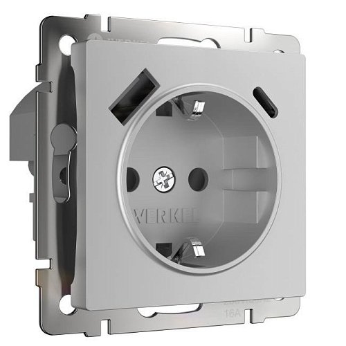 W1171706/ Розетка c заземлением, шторками и USB тип A+C (серебряный) Розетка Werkel W1171706/ Розетка с заземлением, шторками и USB тип A+C (серебряный)