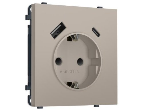 MS370010 Комплект механизма электрической розетки SIGMA Серо-бежевый матовый 2USB A+C 20W (быст. зар.) с/з с/ш 16A-250V QUANT PRO (SP3700, PR160)