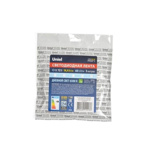 LED лента Uniel ULS-M25-5050-60LED/m-10mm-IP20-DC12V-14,4W/m-5M-6500K PROFI катушка в герметичной упаковке