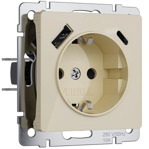 W1171743/ Розетка c заземлением, шторками и USB тип A+C (айвори акрил) Розетка Werkel W1171743/ Розетка с заземлением, шторками и USB тип A+C (айвори акрил)