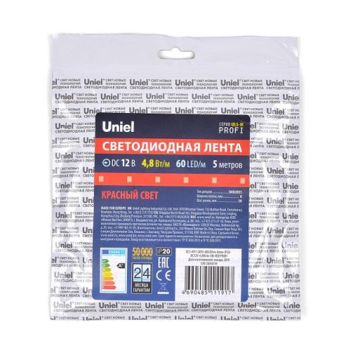 LED лента Uniel ULS-M11-2835-60LED/m-8mm-IP20-DC12V-4,8W/m-5M-RED PROFI катушка в герметичной упаковке