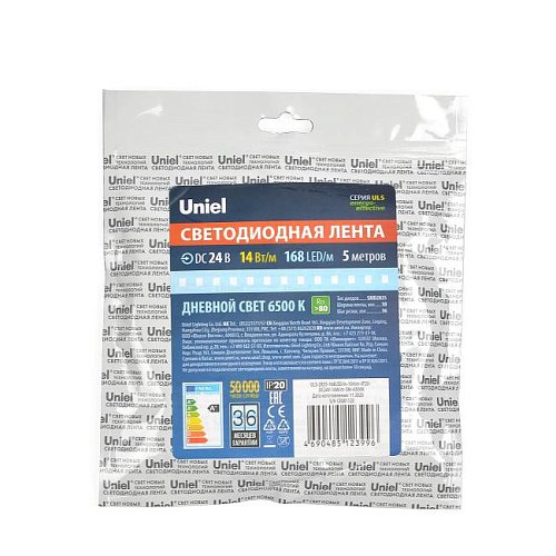ULS-2835-168LED/m-10mm-IP20-DC24V-14W/m-5M-6500K катушка в герметичной упаковке LED лента Uniel ULS-2835-168LED/m-10mm-IP20-DC24V-14W/m-5M-6500K катушка в герметичной упаковке