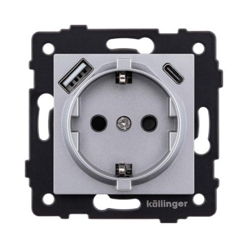 REA-004GY Розетка штепсельная SCHUKO 16A/250 В с USB A+C 20W, серый Kollinger REA-004GY для Aspekt, Eleganz, Reflex