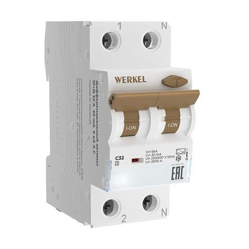 Автоматический выключатель дифференциального тока Werkel W922P326 / Дифференциальный автомат 1P+N 32 A 30 mА 6 kА C А