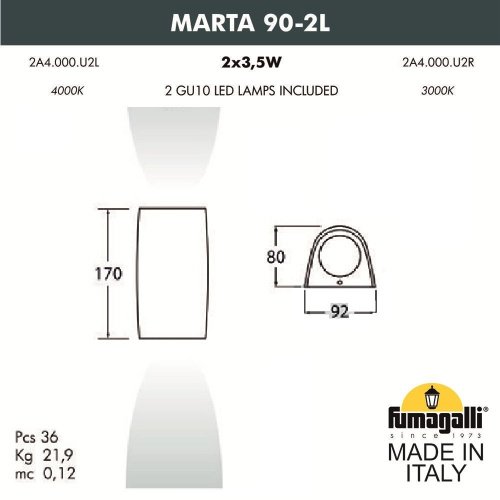 2A4.000.000.WXU2L Уличный настенный светильник Fumagalli Marta 2A4.000.000.WXU2L