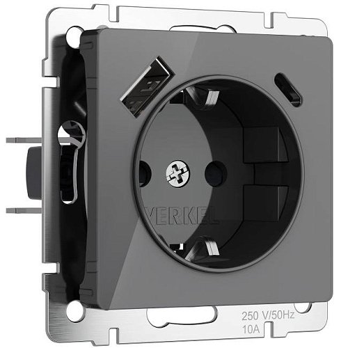 W1171744/ Розетка c заземлением, шторками и USB тип A+C (графит акрил) Розетка Werkel W1171744/ Розетка с заземлением, шторками и USB тип A+C (графит акрил)