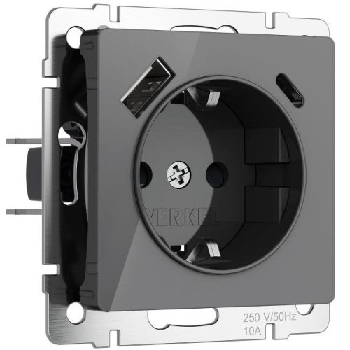 Розетка Werkel W1171744/ Розетка с заземлением, шторками и USB тип A+C (графит акрил)