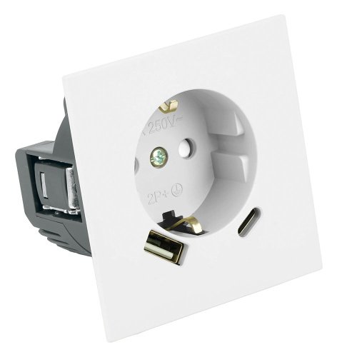 50438 Розетка 1-местная з/ш с/з 16А + USB + Type C (механизм), STEKKER, 250В, 20W, серия Мия, 50438