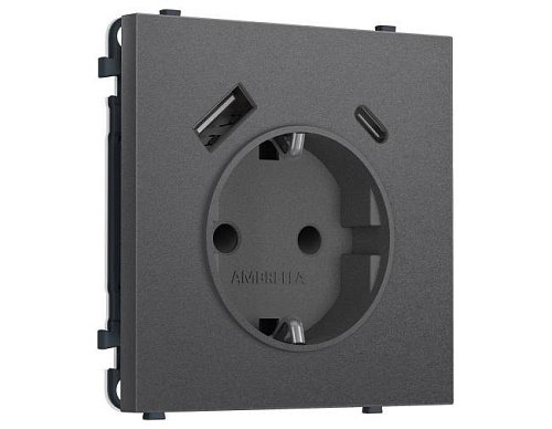 MS660010 Комплект механизма электрической розетки SIGMA Антрацит серый 2USB A+C 20W (быст. зар.) с/з с/ш 16A-250V QUANT PRO (SP6600, PR160)